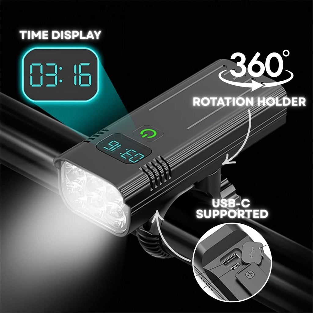 Lumină pentru bicicletă USB-C de 5000 de lumeni cu baterie de 10.000 mAh și afișaj al timpului