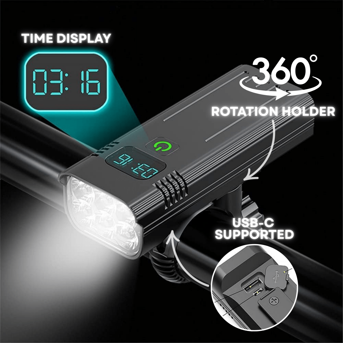 Lumină pentru bicicletă USB-C de 5000 de lumeni cu baterie de 10.000 mAh și afișaj al timpului