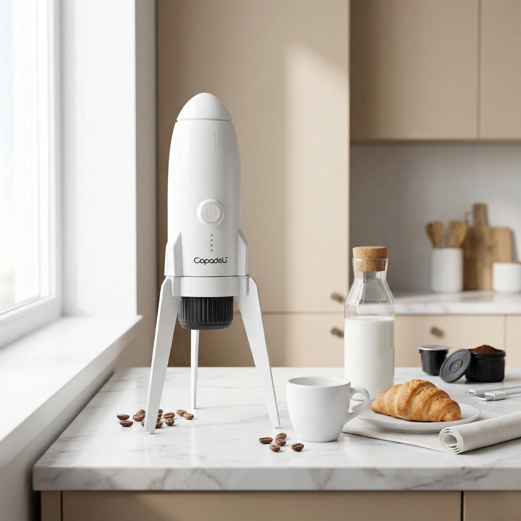 Cestovní automatický espresso kávovar s vlastním ohřevem pro mletou kávu nebo kapsle