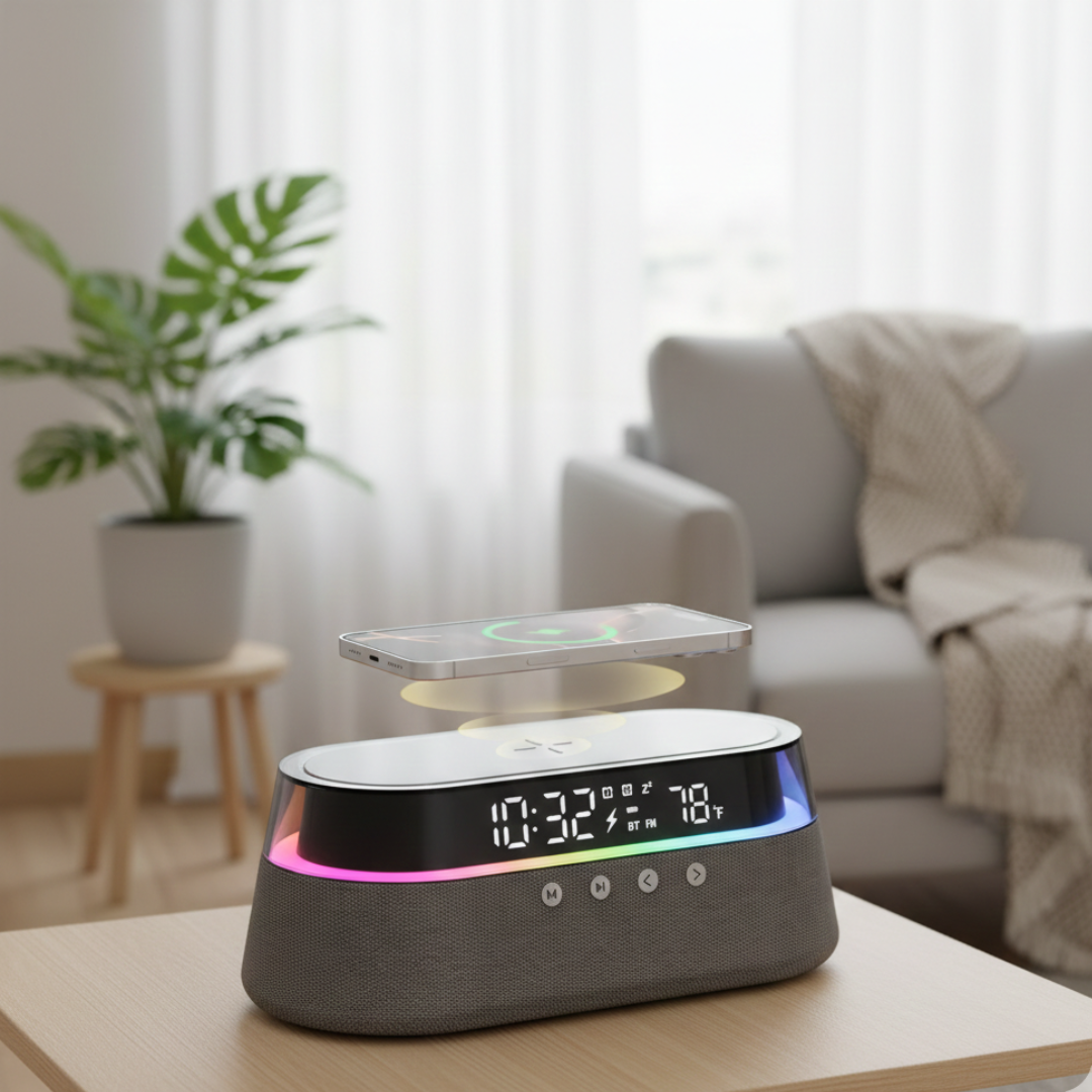 Kompakter Bluetooth-Lautsprecher mit Wecker für den Nachttischgebrauch