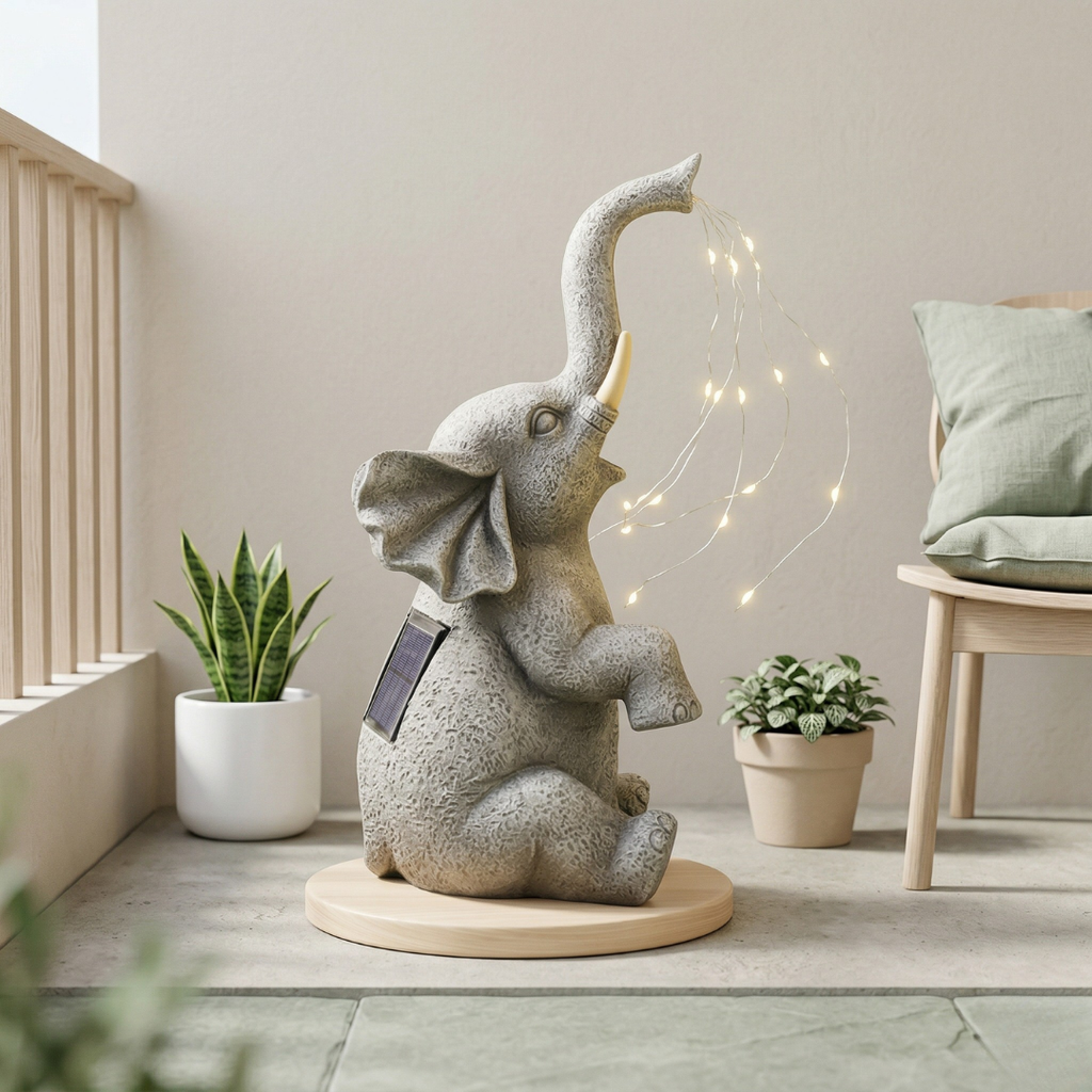 Outdoor Garden Decor Elephant With Solar-Powered Lights