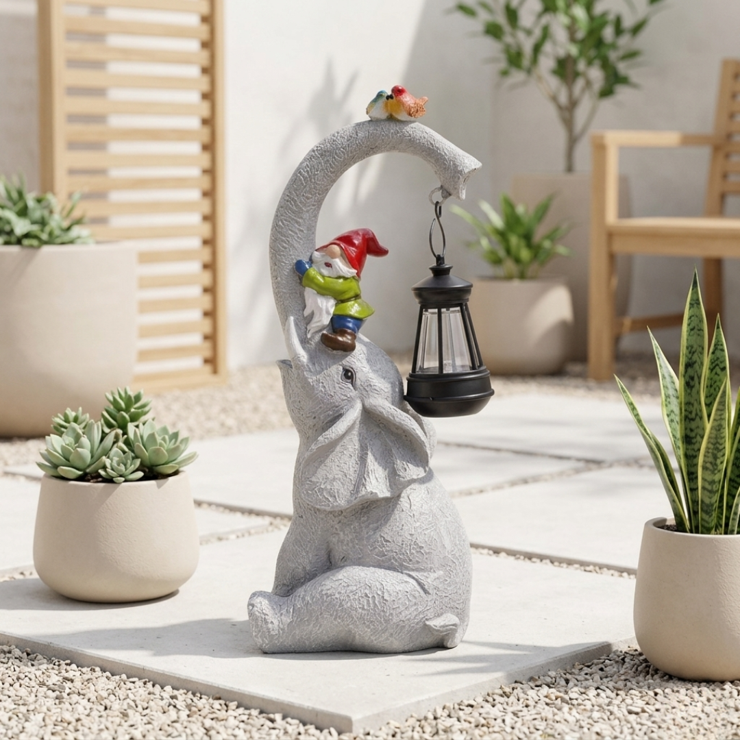 Lanterne de jardin féerique éléphant solaire avec une fée chevauchant un éléphant