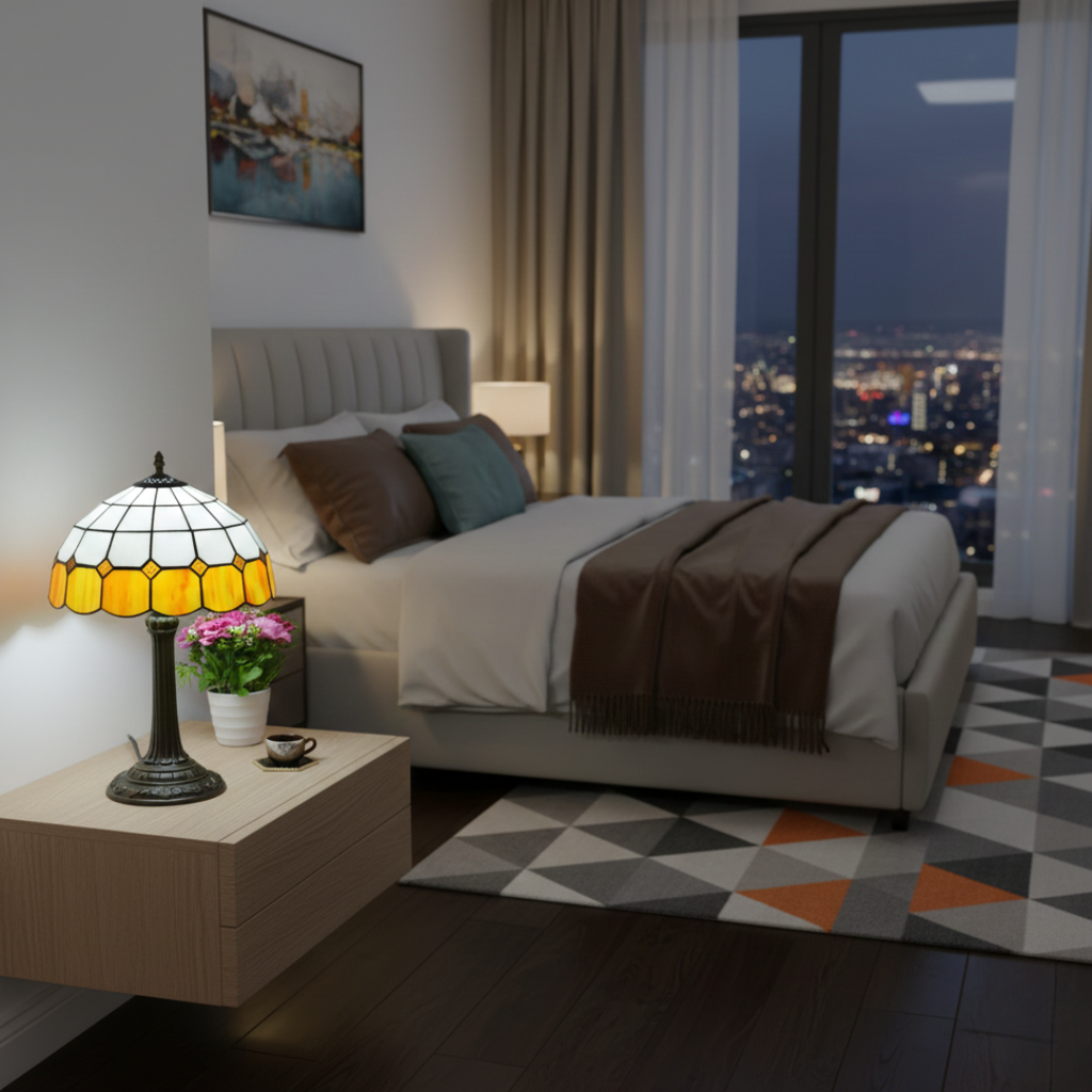 Antique Table Lamp With Stained Glass Design For Home