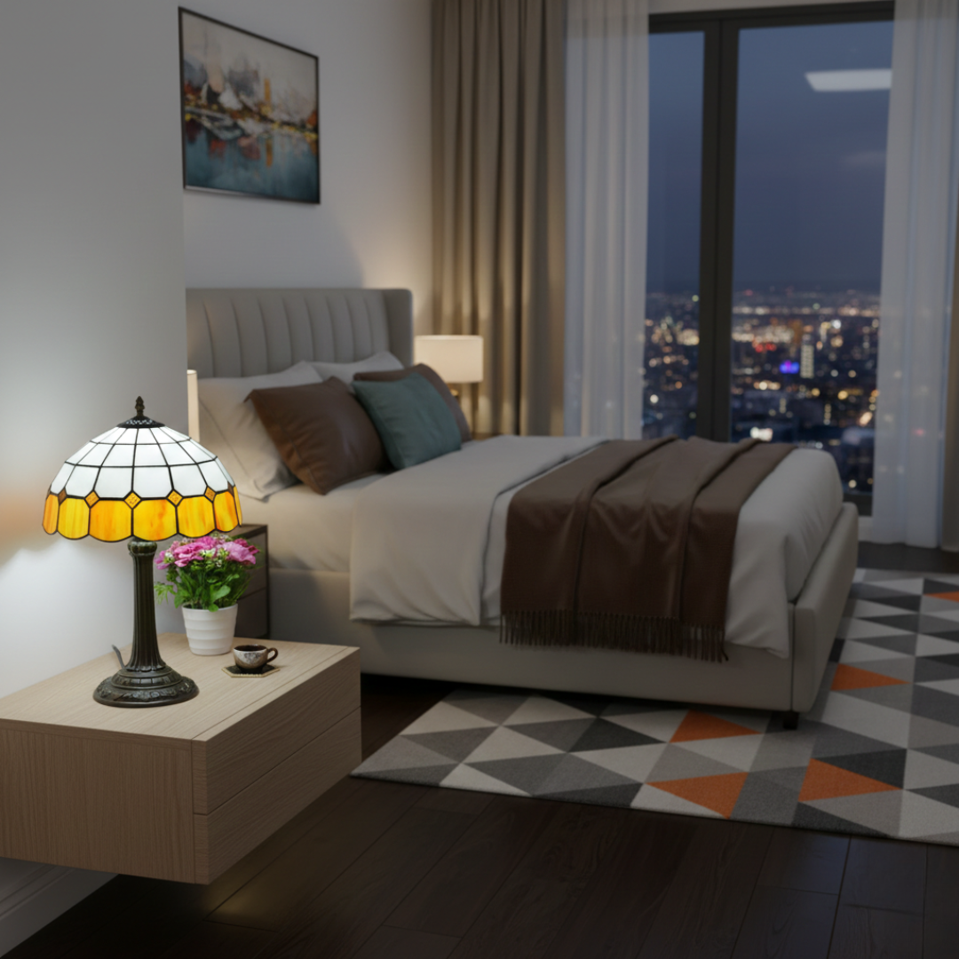 Antique Table Lamp With Stained Glass Design For Home