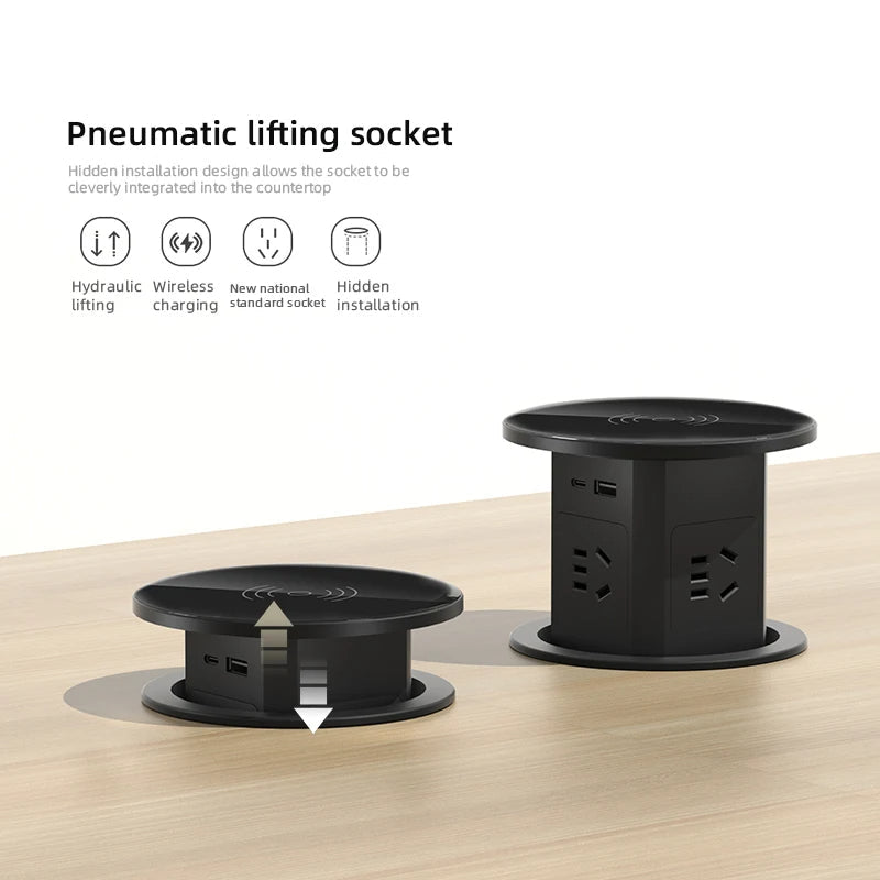 Automatisk pop-up bordstik med USB-C, trådløs opladning og global stikadapter