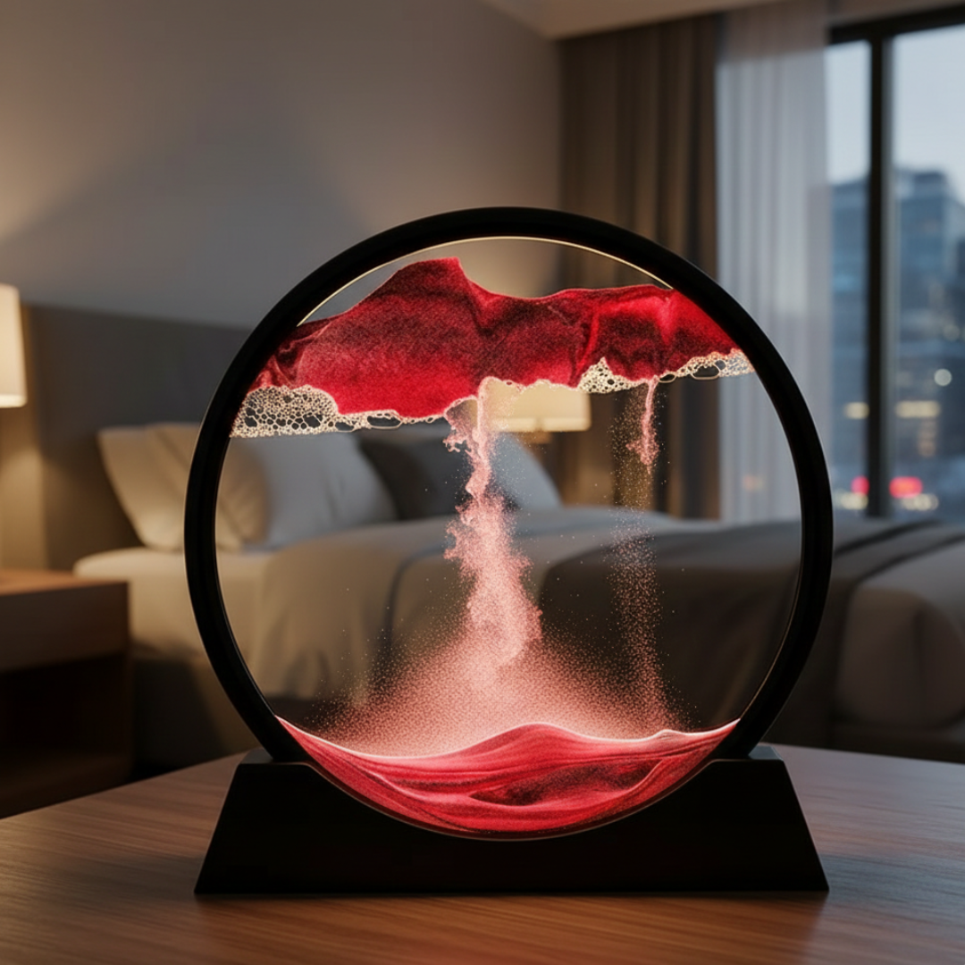 Tableau d'art de sable mouvant 3D dans un cadre en verre rond pour une décoration fascinante