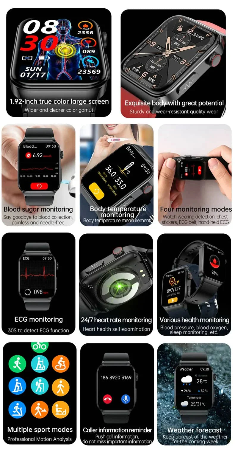 Alt-i-en sundhedsovervågningssmartwatch med EKG og blodsukkertracker