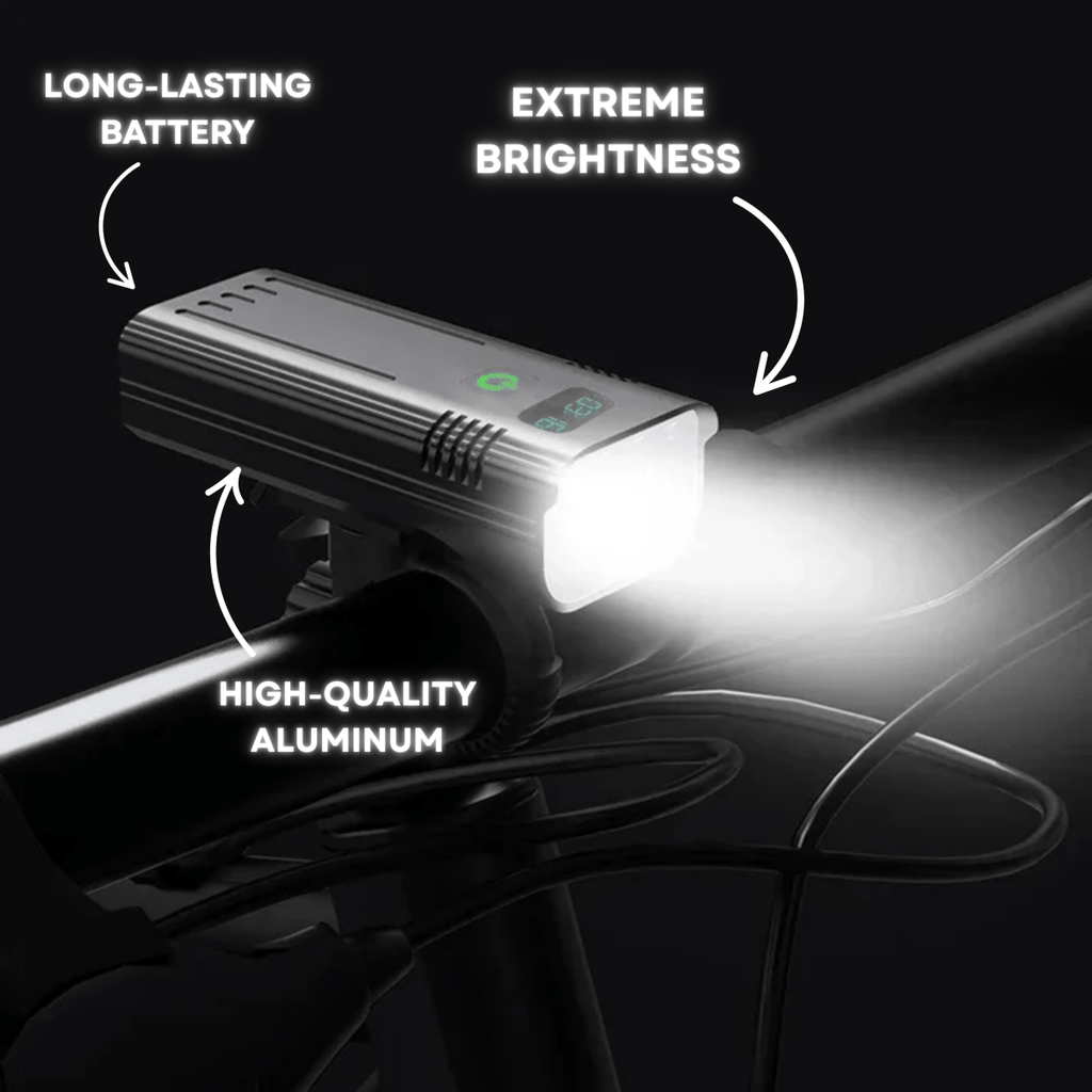 Lumină pentru bicicletă USB-C de 5000 de lumeni cu baterie de 10.000 mAh și afișaj al timpului
