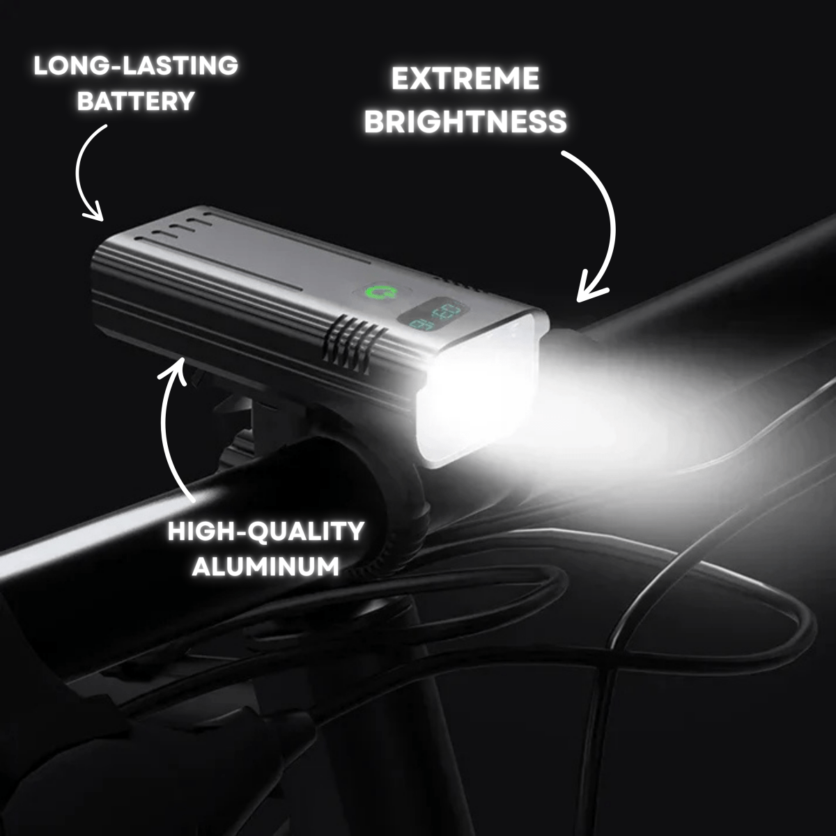 Lumină pentru bicicletă USB-C de 5000 de lumeni cu baterie de 10.000 mAh și afișaj al timpului