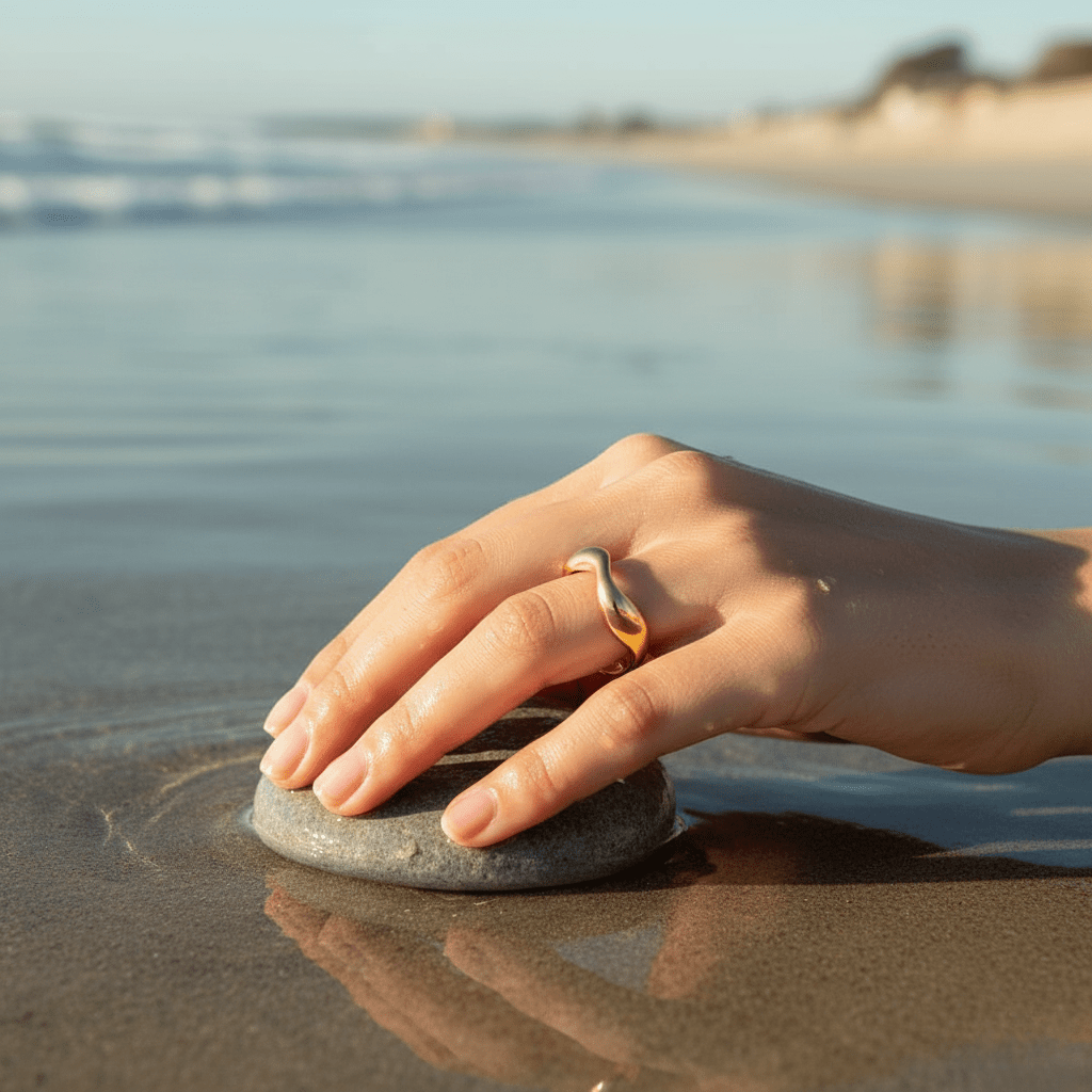 Anello regolabile in argento AzureTide per amanti dell'oceano, design minimalista a onda