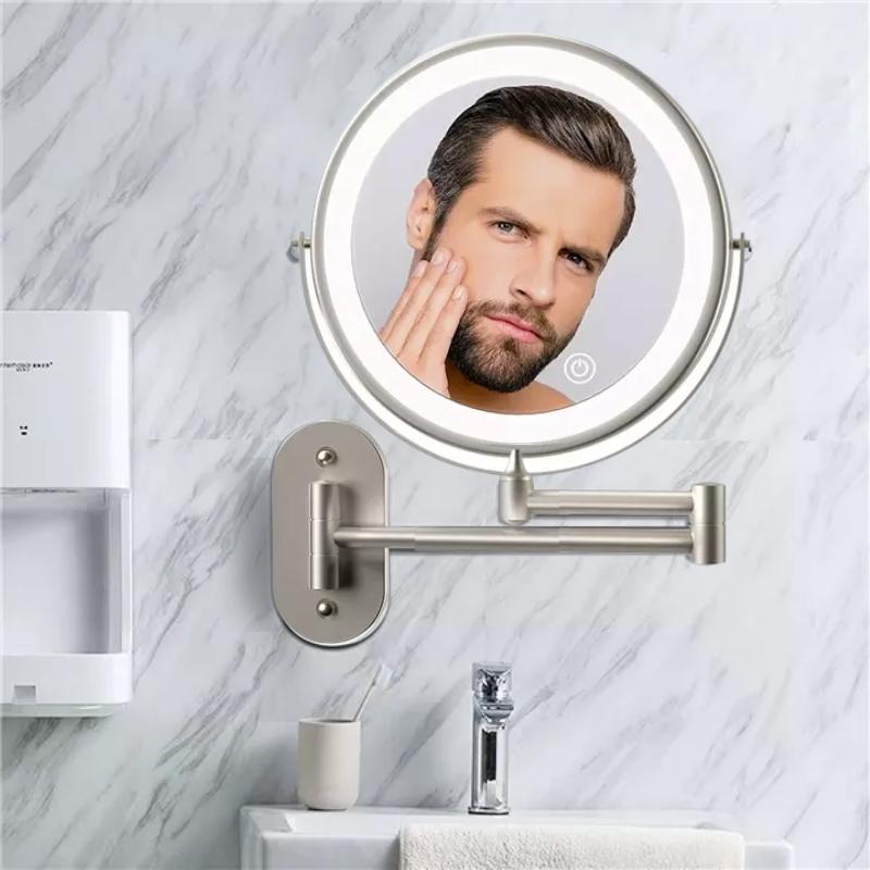 Miroir de maquillage et de salle de bain rechargeable à LED avec loupe, finition argent mat