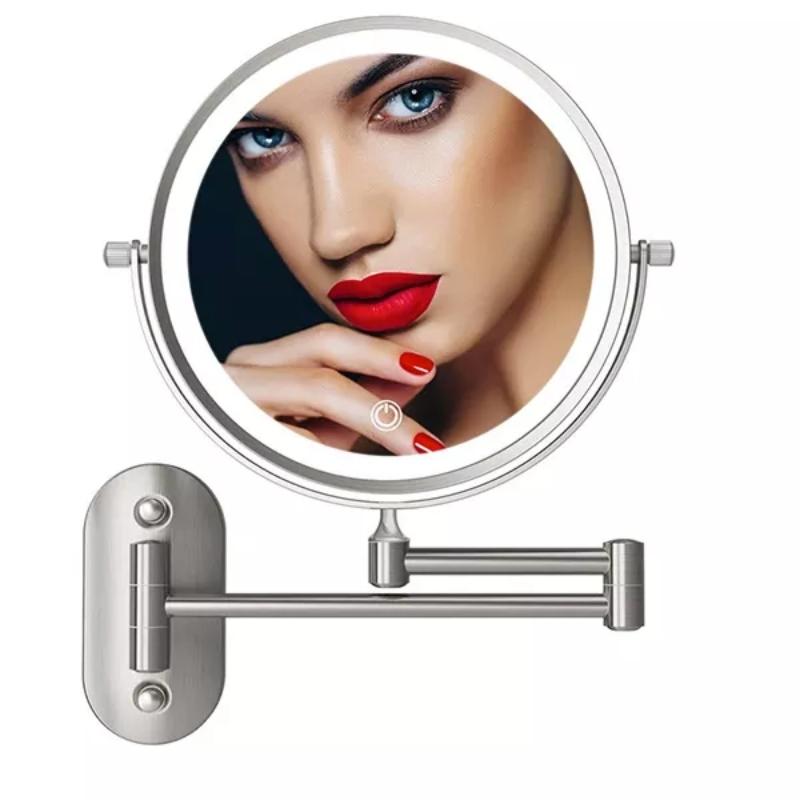 Miroir de maquillage et de salle de bain rechargeable à LED avec loupe, finition argent mat