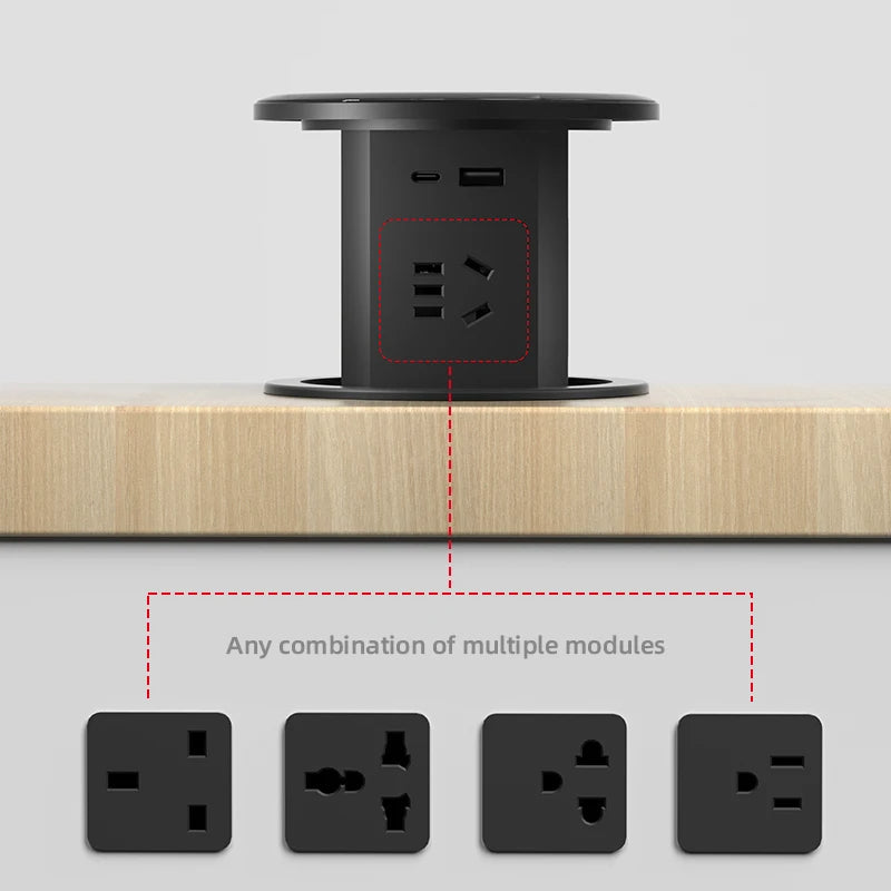 Automatisk pop-up bordstik med USB-C, trådløs opladning og global stikadapter