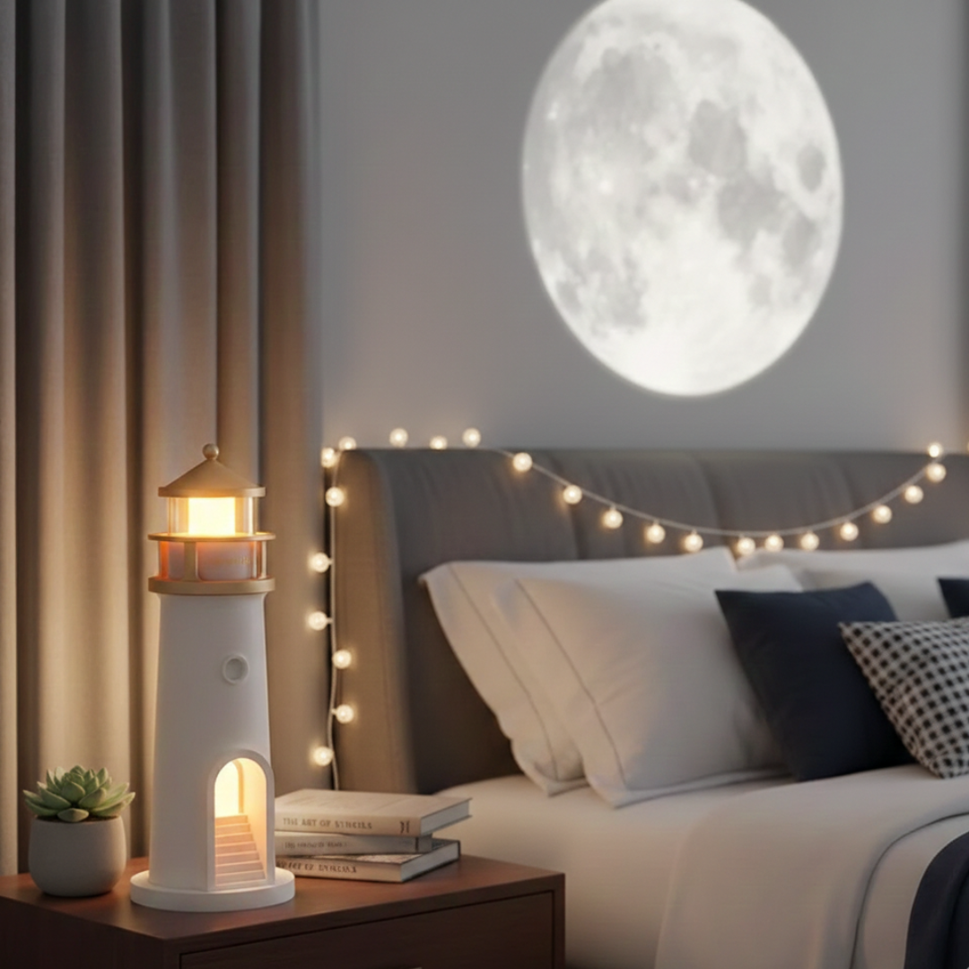 Lampa majáku s projektorem a reproduktorem pro útulnou noční atmosféru