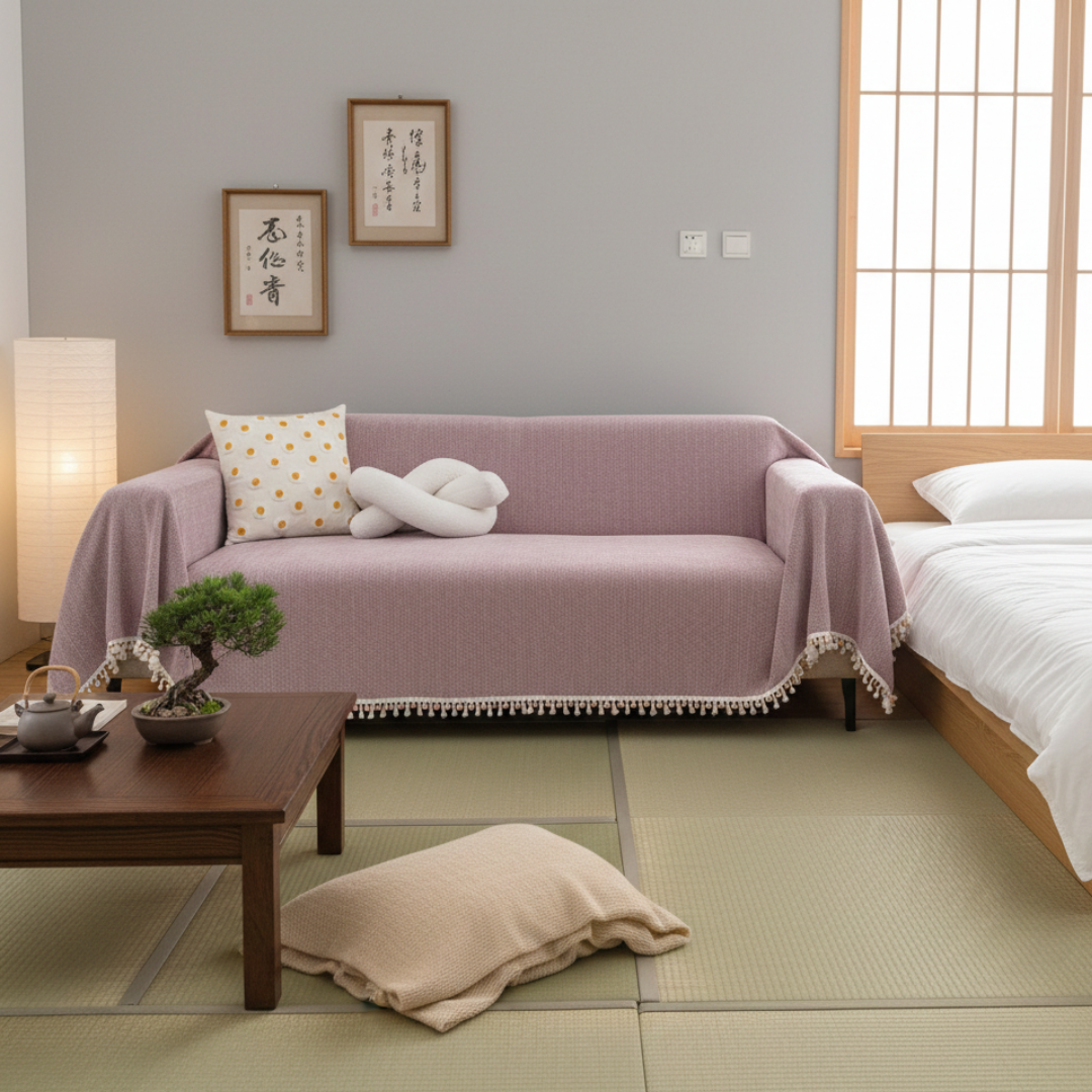 Housse de canapé à motif chevron avec pompons pour décoration style bohème