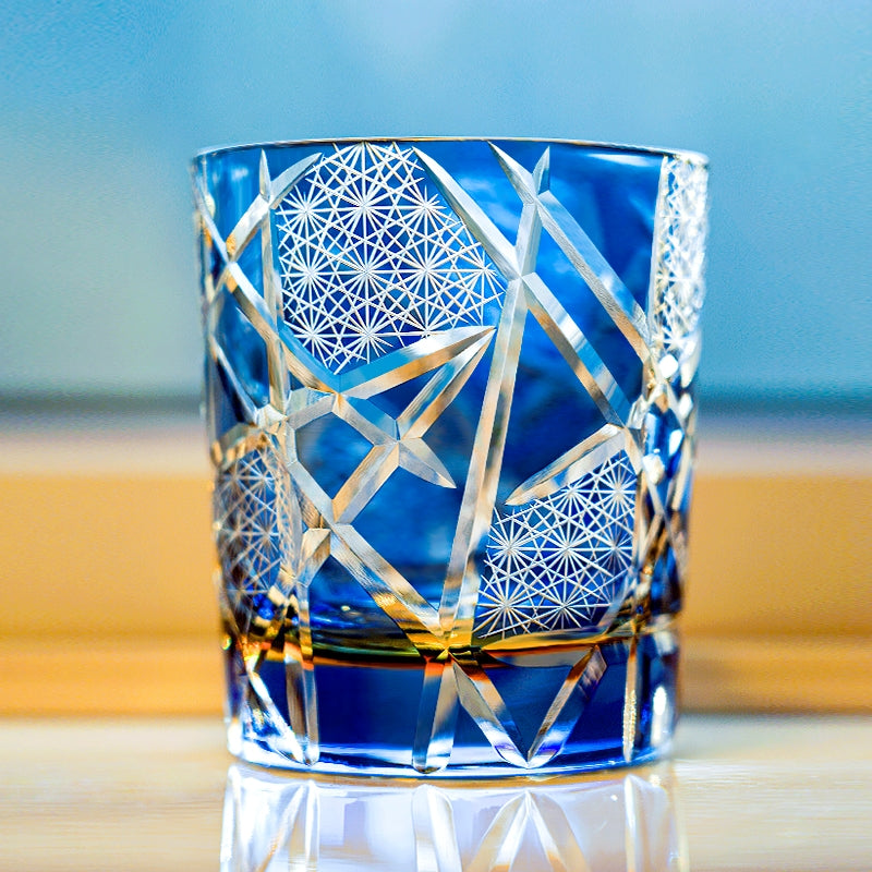 Edo Kiriko Håndlavet Whiskyglas med Trane og Lynmønster med Trææske