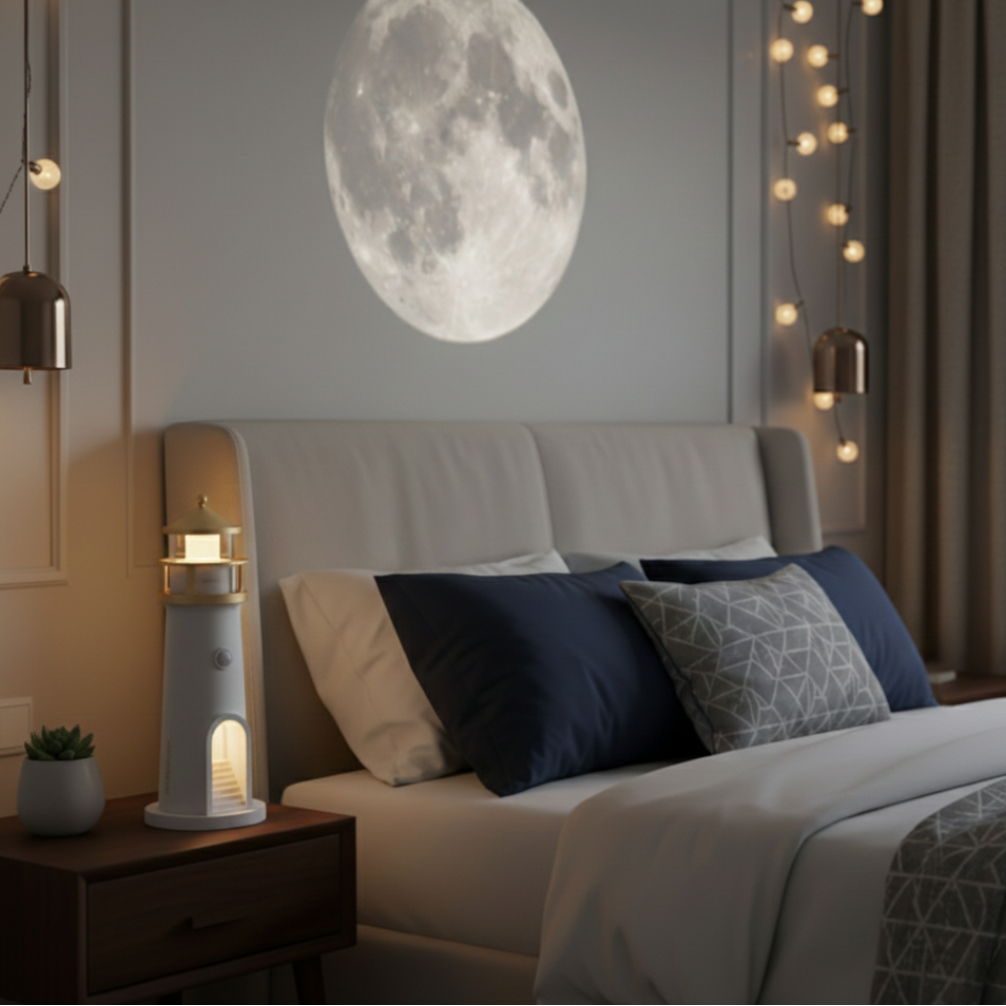 Lampa majáku s projektorem a reproduktorem pro útulnou noční atmosféru