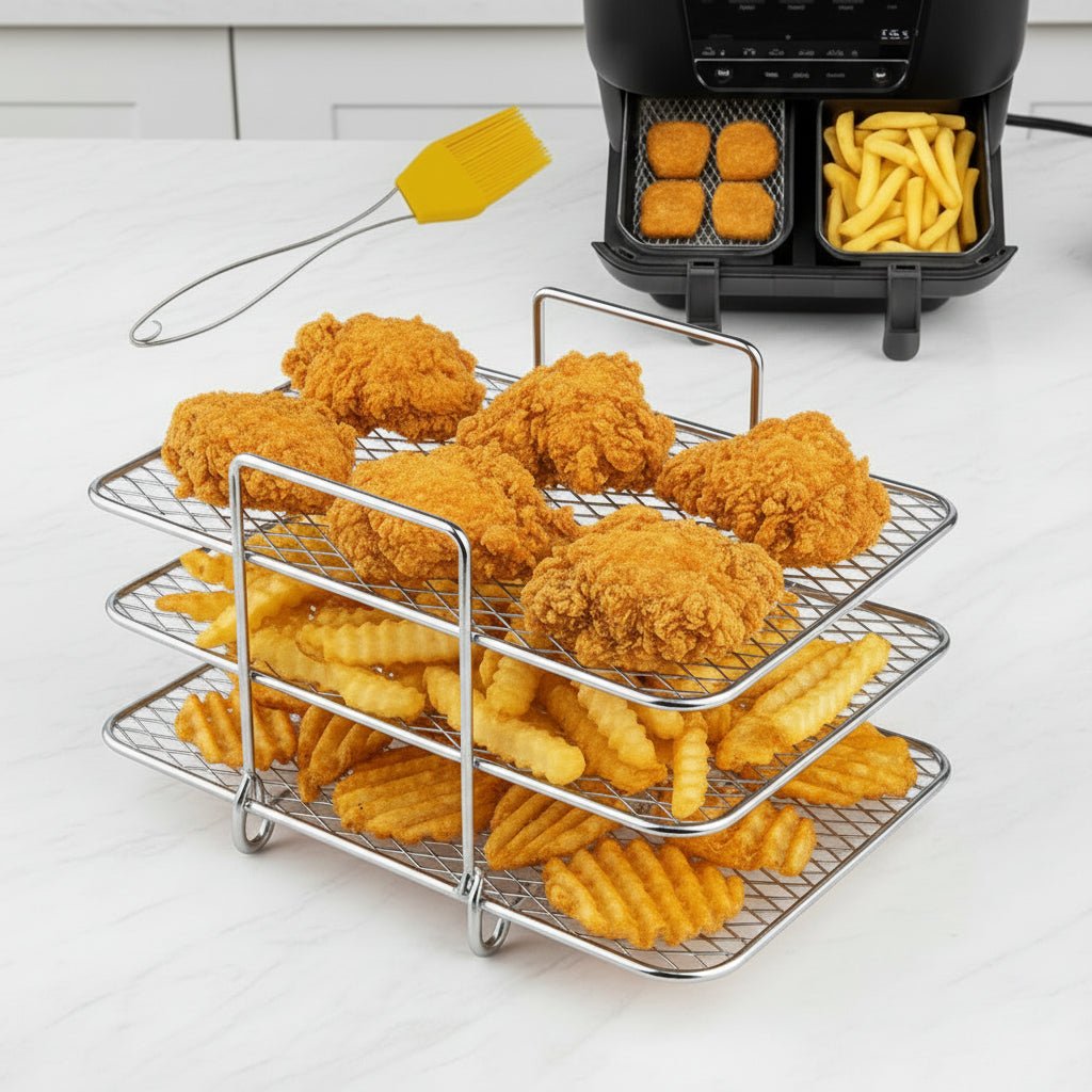 STACKCRISP Edelstahl-Luftfritteusen-Rack mit dreistufigem Design für gleichmäßiges Knusprigwerden