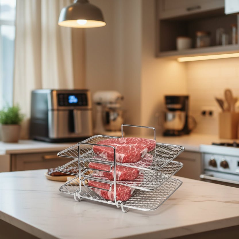 STACKCRISP Edelstahl-Luftfritteusen-Rack mit dreistufigem Design für gleichmäßiges Knusprigwerden
