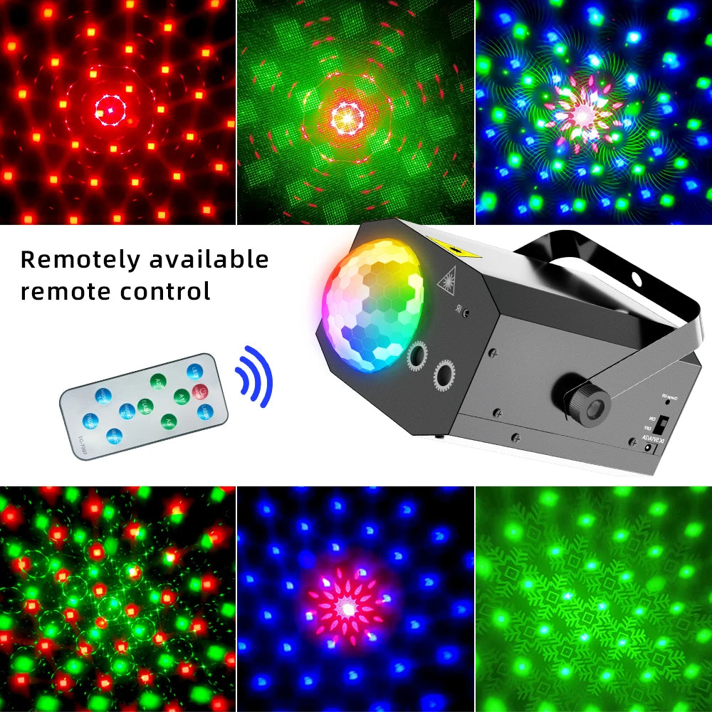 To-i-én laser-disco-lys med lydaktiveret stroboskop og fjernbetjening
