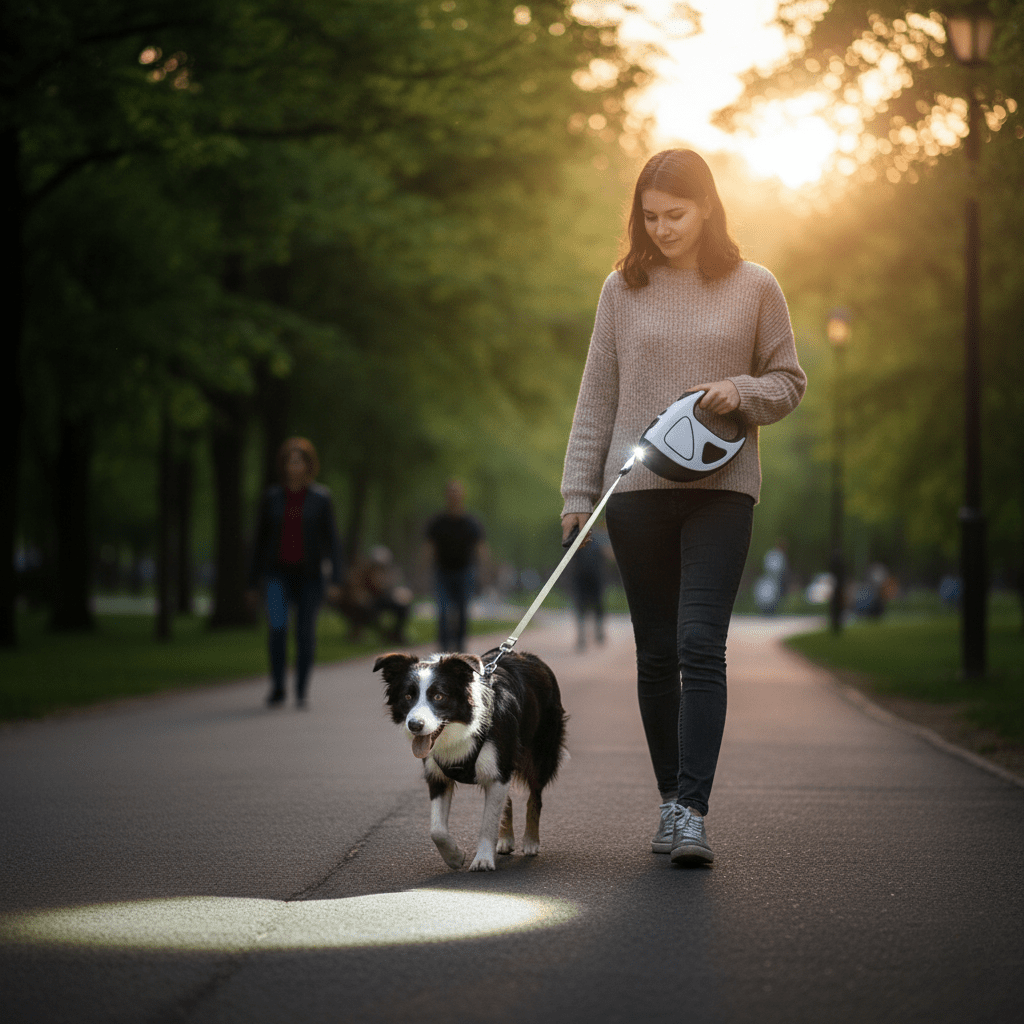 LuminaGrip automatisk hundesnor med LED-lys og skridsikkert håndtag til nattevandringer