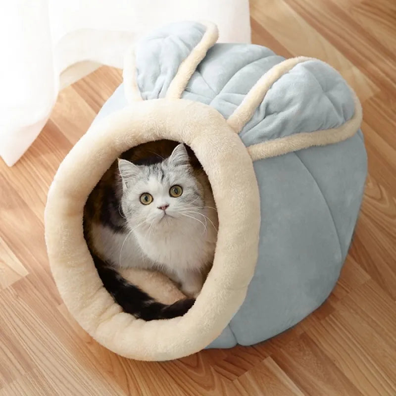 Cozy Soft Ears Cat Cave Bed Round For Snuggling And Hiding