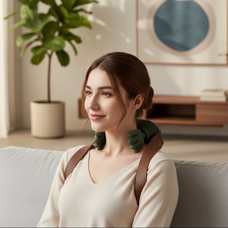 RELAXSHIATSU krční masážní přístroj 4D s teplem, kompaktní design, pohodlí