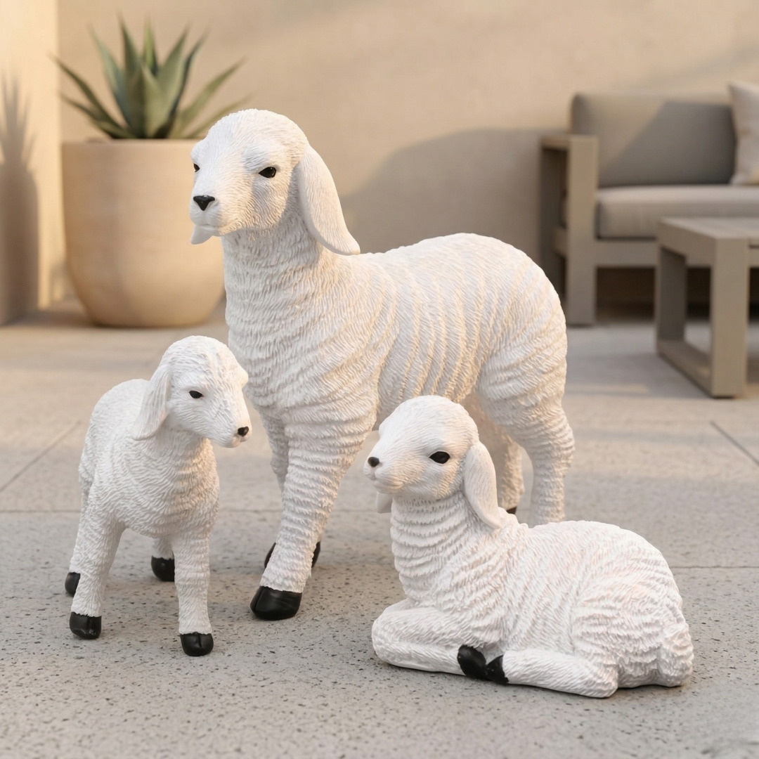 Charmerende miniature fårefigur til havepotter og udendørs dekoration