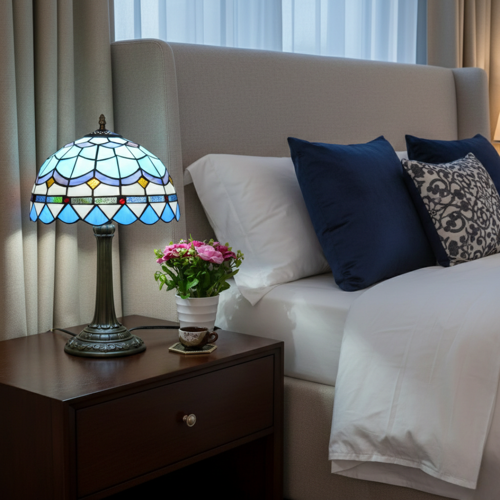 Antique Table Lamp With Stained Glass Design For Home