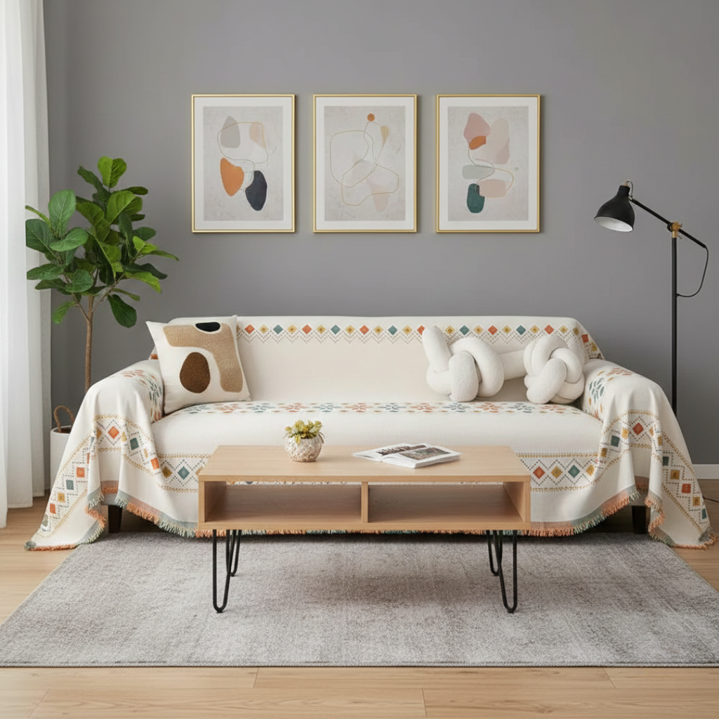 Boho potah na pohovku s třásněmi pro útulnou ochranu a styl obývacího pokoje