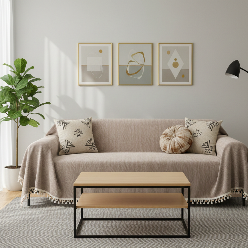 Housse de canapé à motif chevron avec pompons pour décoration style bohème