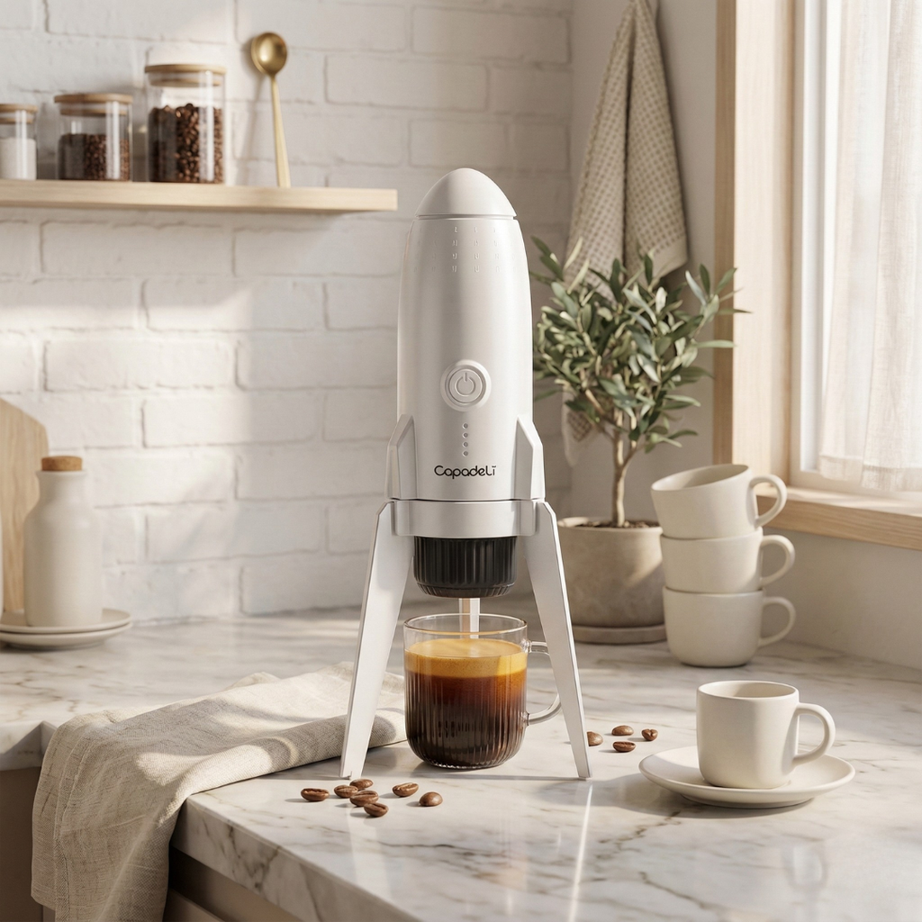 Cestovní automatický espresso kávovar s vlastním ohřevem pro mletou kávu nebo kapsle