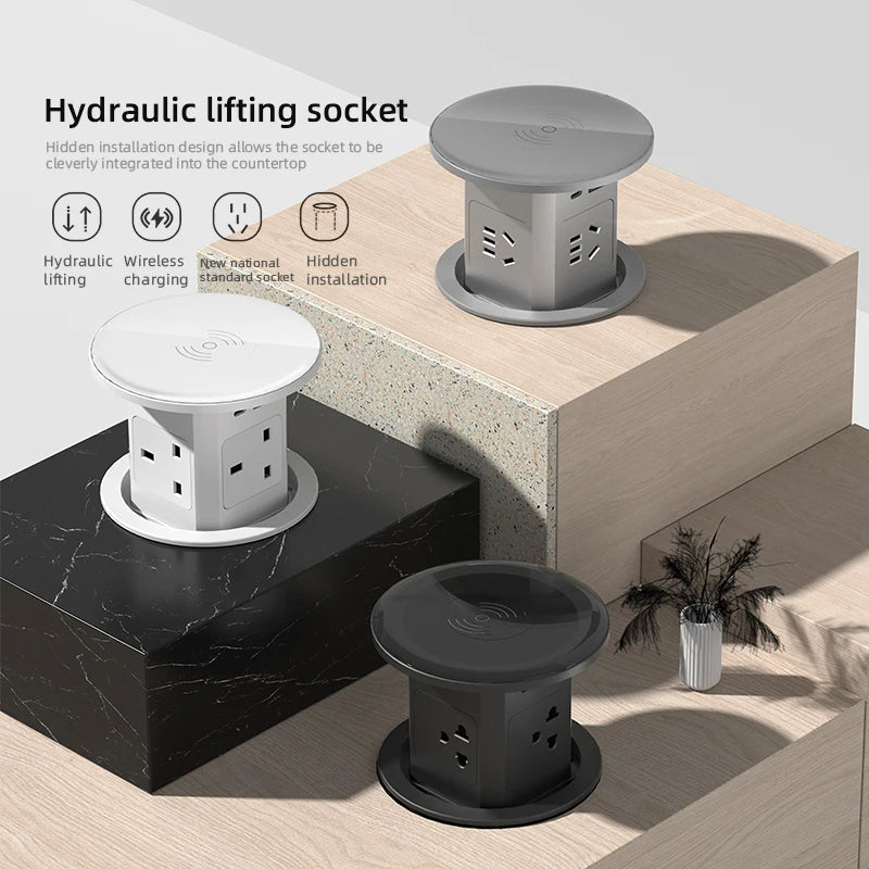 Automatisk pop-up bordstik med USB-C, trådløs opladning og global stikadapter
