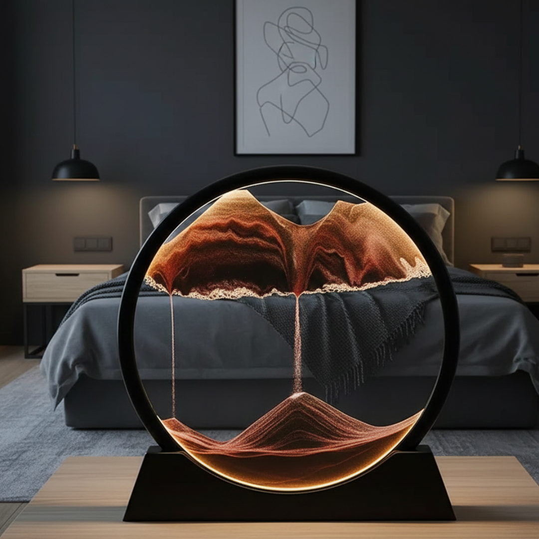 Tableau d'art de sable mouvant 3D dans un cadre en verre rond pour une décoration fascinante