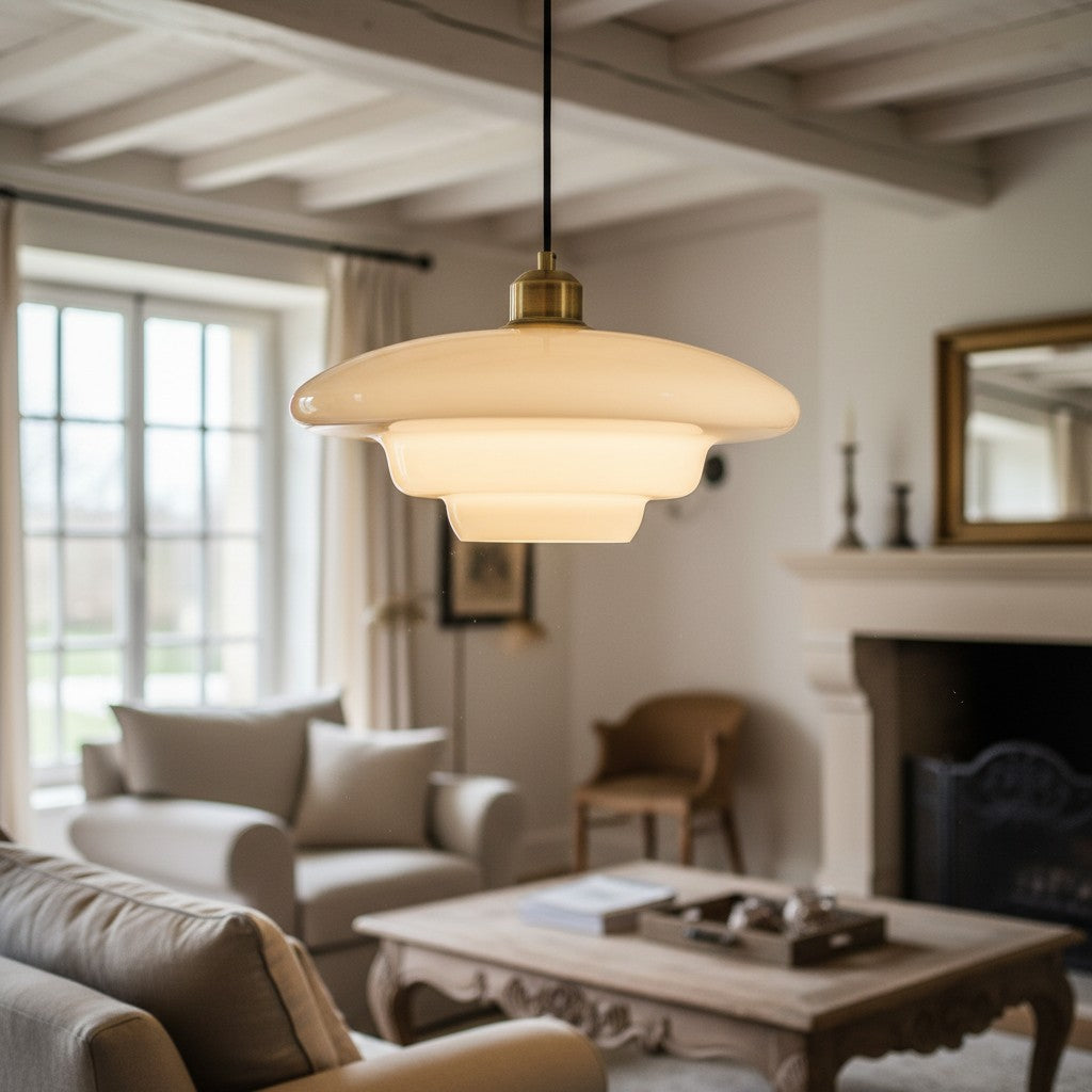Pendelleuchte im Vintage-Stil mit klarem Glasschirm