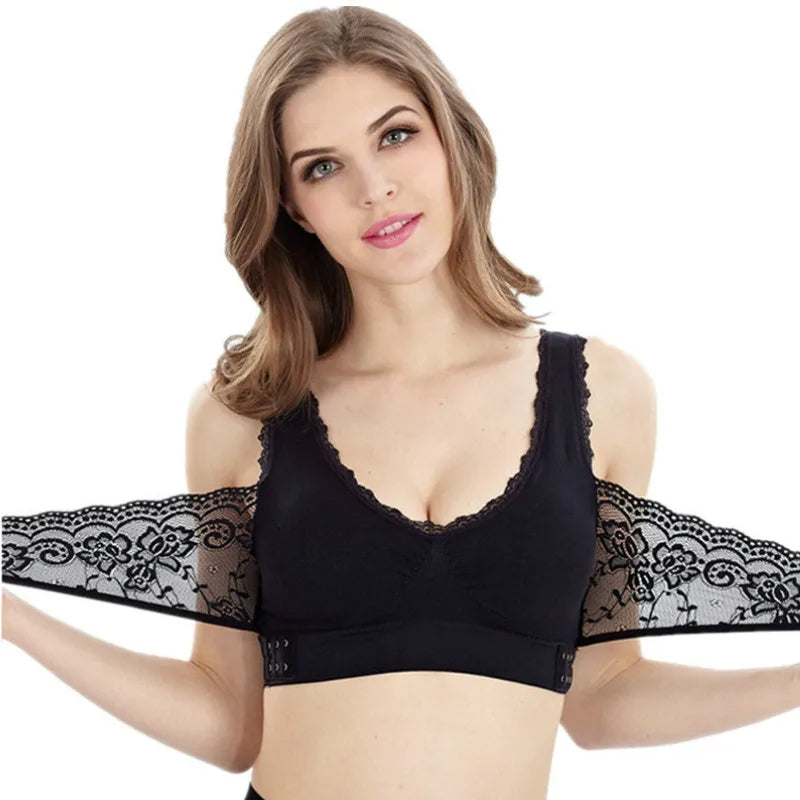 Trådløs frontkryds-lace-bh med justerbar sidebøjle