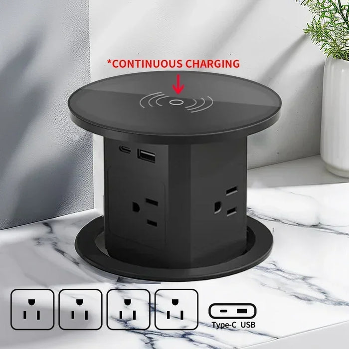 Automatisk pop-up bordstik med USB-C, trådløs opladning og global stikadapter
