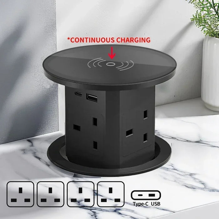 Automatisk pop-up bordstik med USB-C, trådløs opladning og global stikadapter