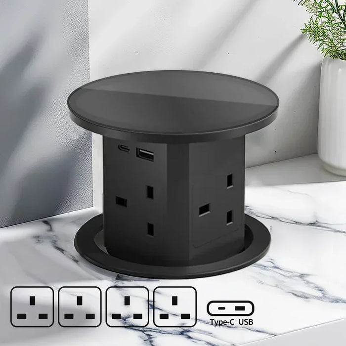 Automatisk pop-up bordstik med USB-C, trådløs opladning og global stikadapter