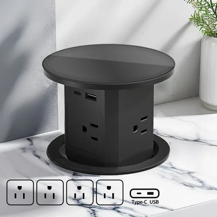 Automatisk pop-up bordstik med USB-C, trådløs opladning og global stikadapter