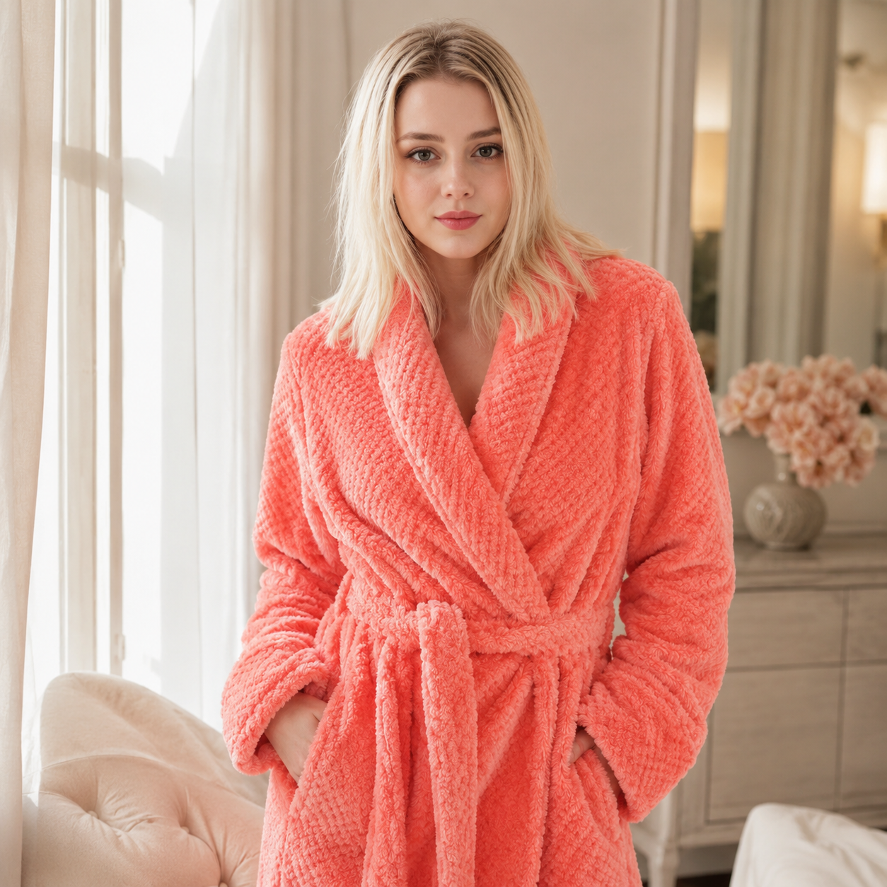 Robe de banho macio em fleece para relaxar e descansar confortavelmente em casa