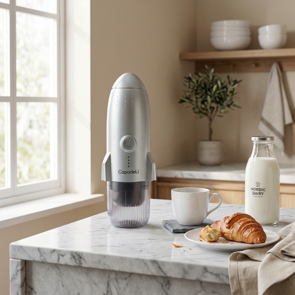 Cestovní automatický espresso kávovar s vlastním ohřevem pro mletou kávu nebo kapsle