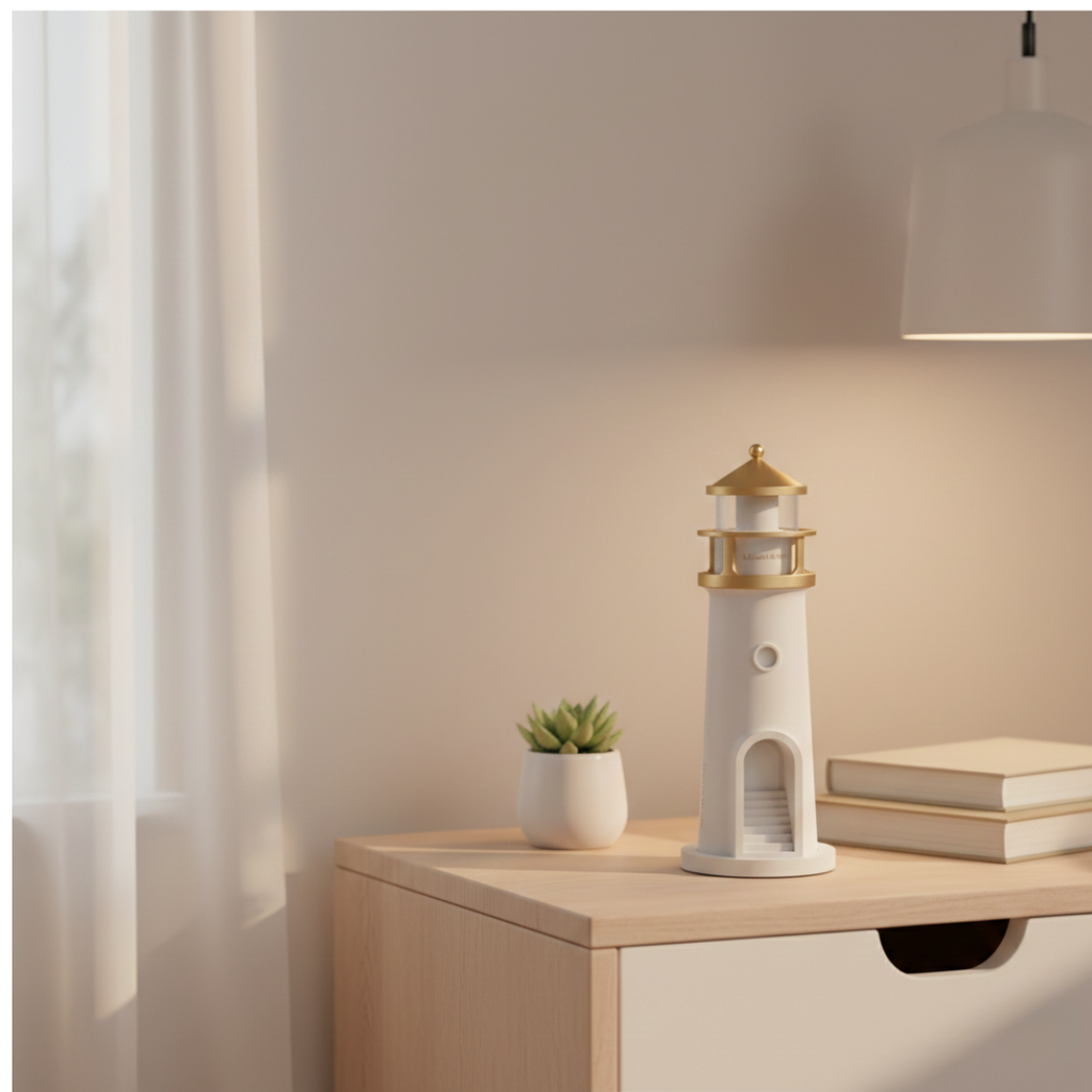 Lampa majáku s projektorem a reproduktorem pro útulnou noční atmosféru