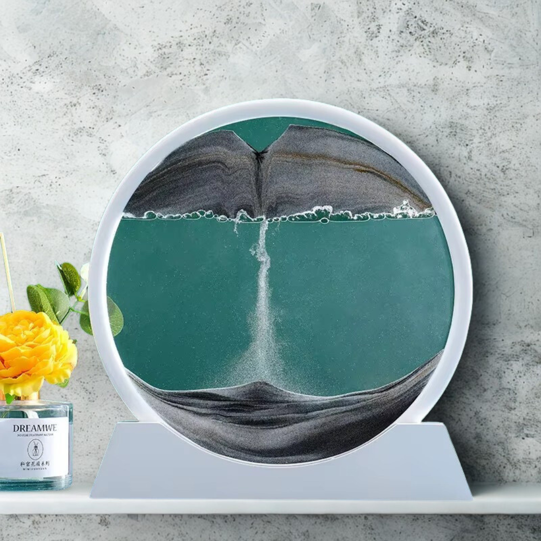 Tableau d'art de sable mouvant 3D dans un cadre en verre rond pour une décoration fascinante