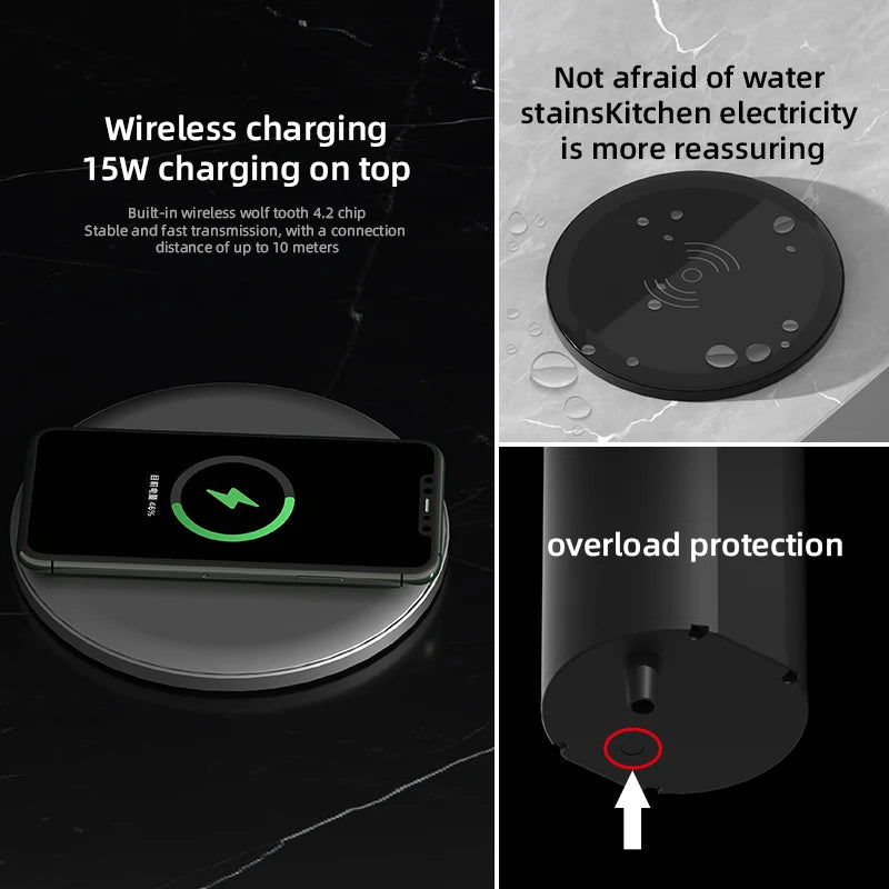Automatisk pop-up bordstik med USB-C, trådløs opladning og global stikadapter