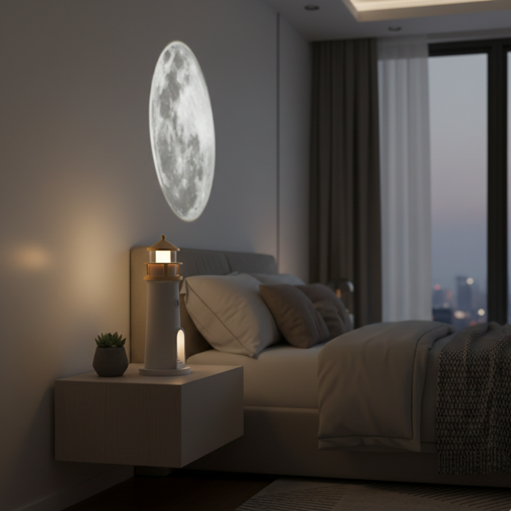 Lampa majáku s projektorem a reproduktorem pro útulnou noční atmosféru