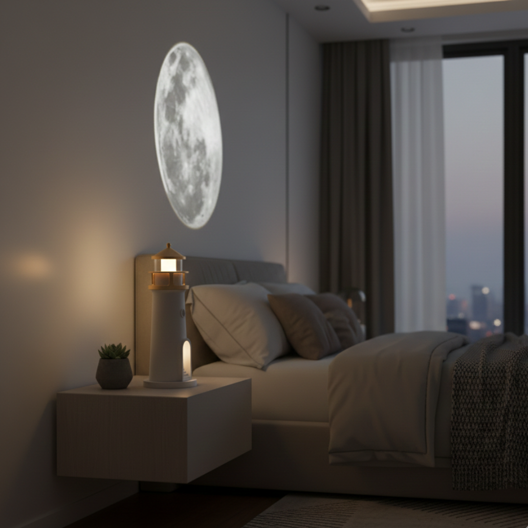 Lampa majáku s projektorem a reproduktorem pro útulnou noční atmosféru