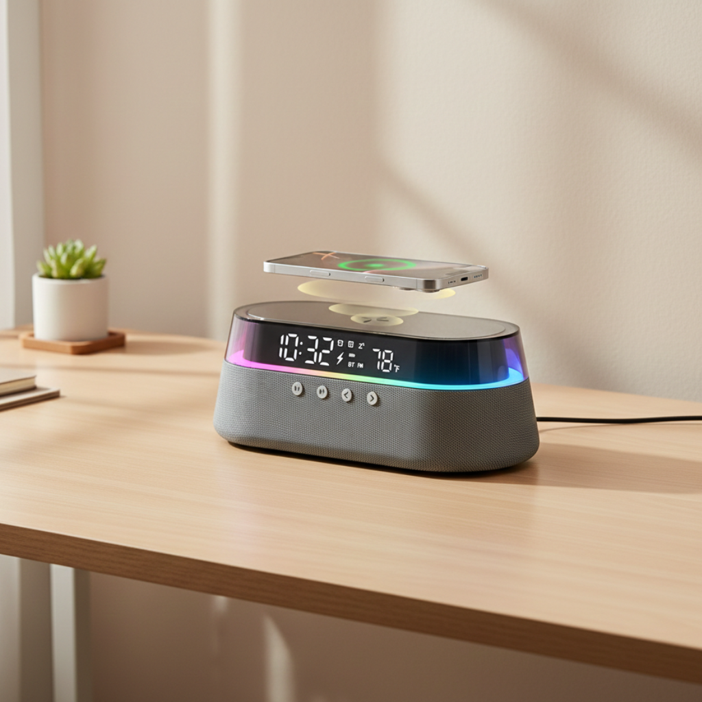 Kompakter Bluetooth-Lautsprecher mit Wecker für den Nachttischgebrauch