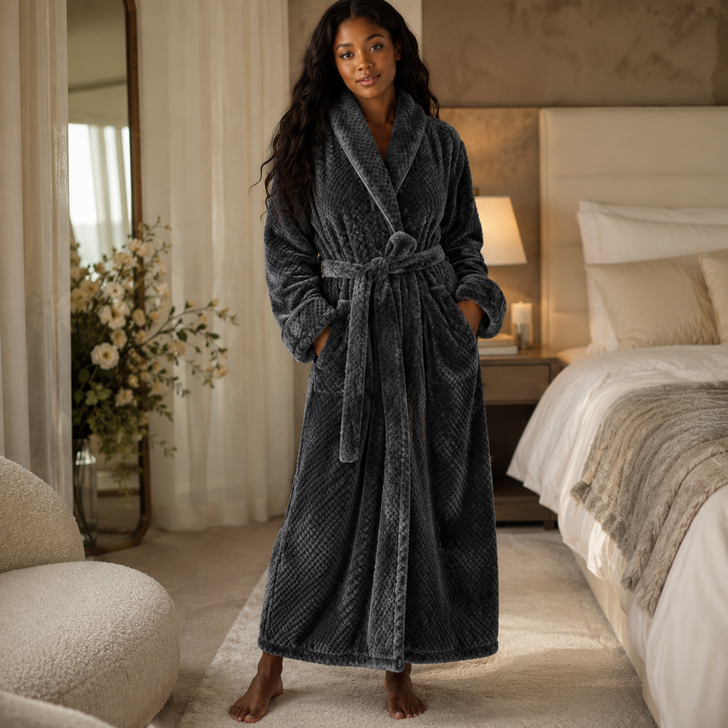Robe de banho macio em fleece para relaxar e descansar confortavelmente em casa