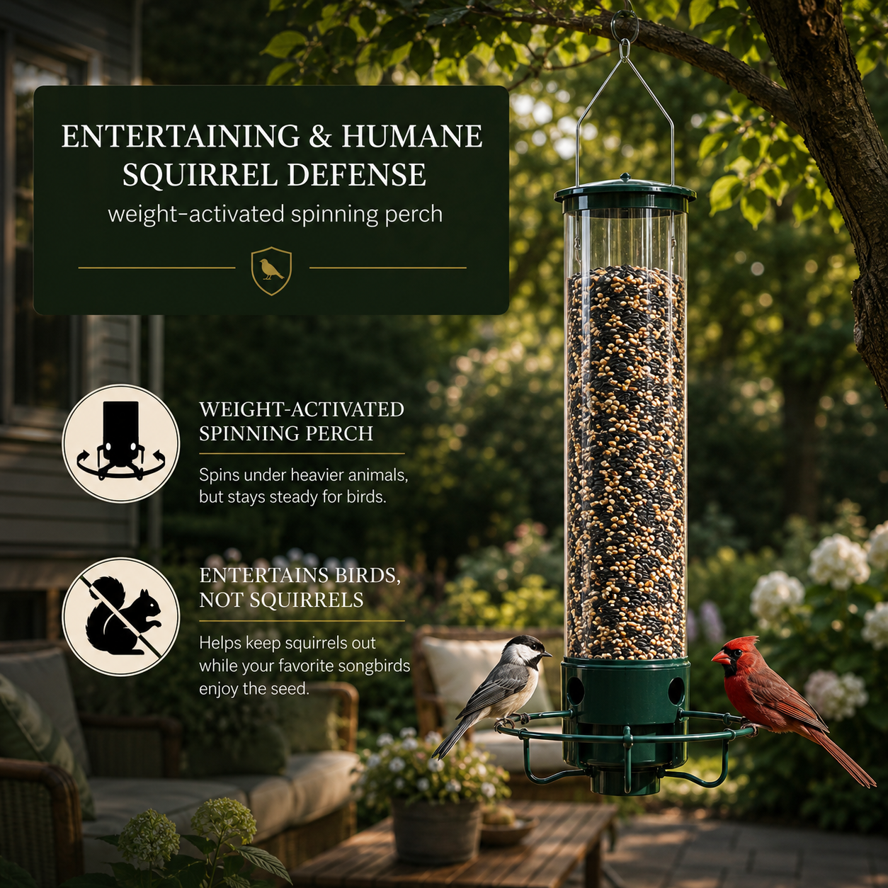Vogelfutterhaus mit drehbarer Sitzstange hält Eichhörnchen fern